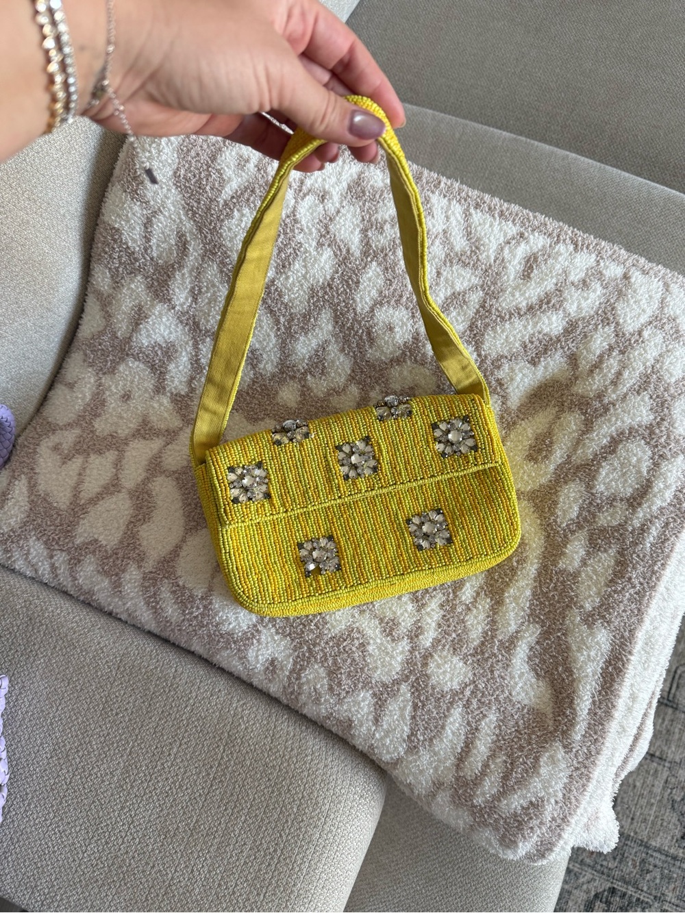 Anthropologie Yellow Beaded Floral Accent Shoulder Bag